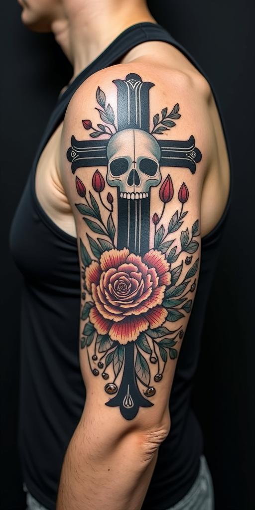 Flowersin chicano style tattoo, featuring intricate black and grey shading, bold elements of traditional chicano culture symbols, add a big cross with skull, chains and roses