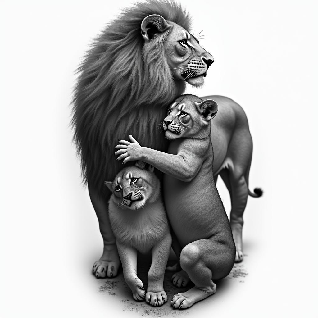 Lion with cubs back tattooin realism tattoo style, featuring a highly detailed, lifelike, capturing every detail, photorealistic, ultra realistic, intricate shading, smooth and sharp,