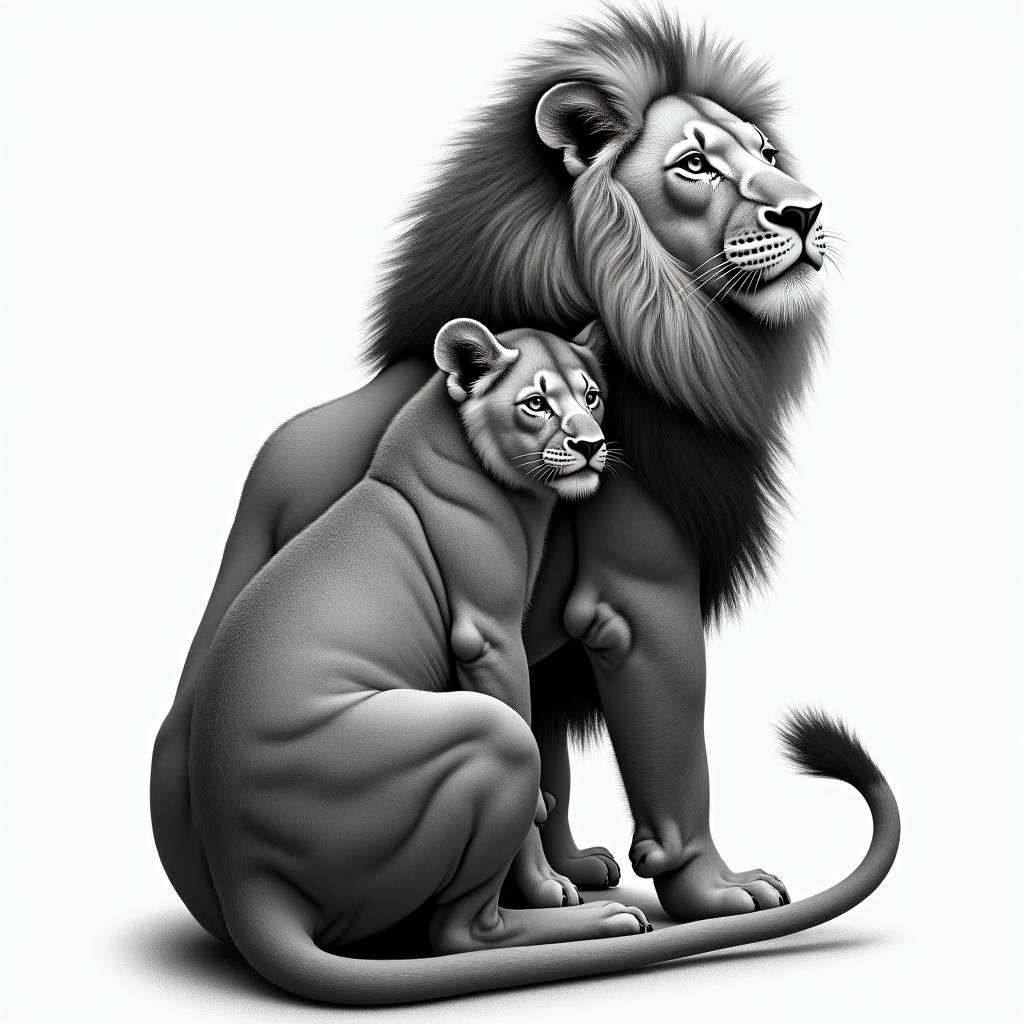 Lion with cubs back tattooin realism tattoo style, featuring a highly detailed, lifelike, capturing every detail, photorealistic, ultra realistic, intricate shading, smooth and sharp, - Variation 3