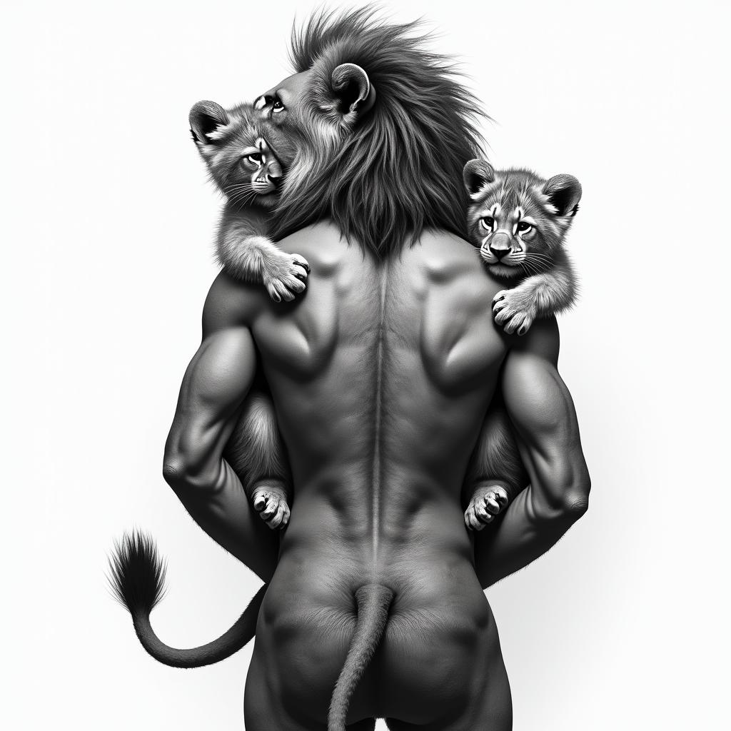 Lion with cubs back tattooin realism tattoo style, featuring a highly detailed, lifelike, capturing every detail, photorealistic, ultra realistic, intricate shading, smooth and sharp, - Variation 2