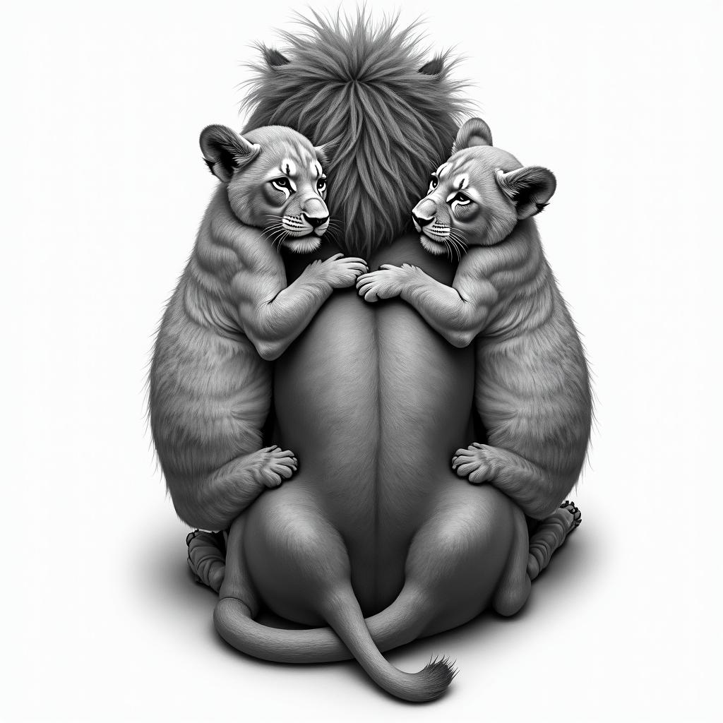 Lion with cubs back tattooin realism tattoo style, featuring a highly detailed, lifelike, capturing every detail, photorealistic, ultra realistic, intricate shading, smooth and sharp, - Variation 4
