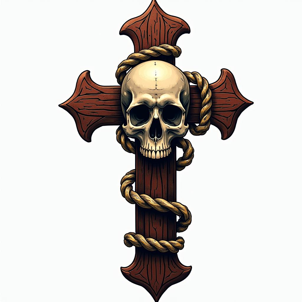 Cross decorated with bones skull in the middle with golden chains in horror tattoo style, showcasing haunting and unsettling, dark and gritty textures with skulls, eerie faces, jgged designs, bold and intense shading - Variation 3