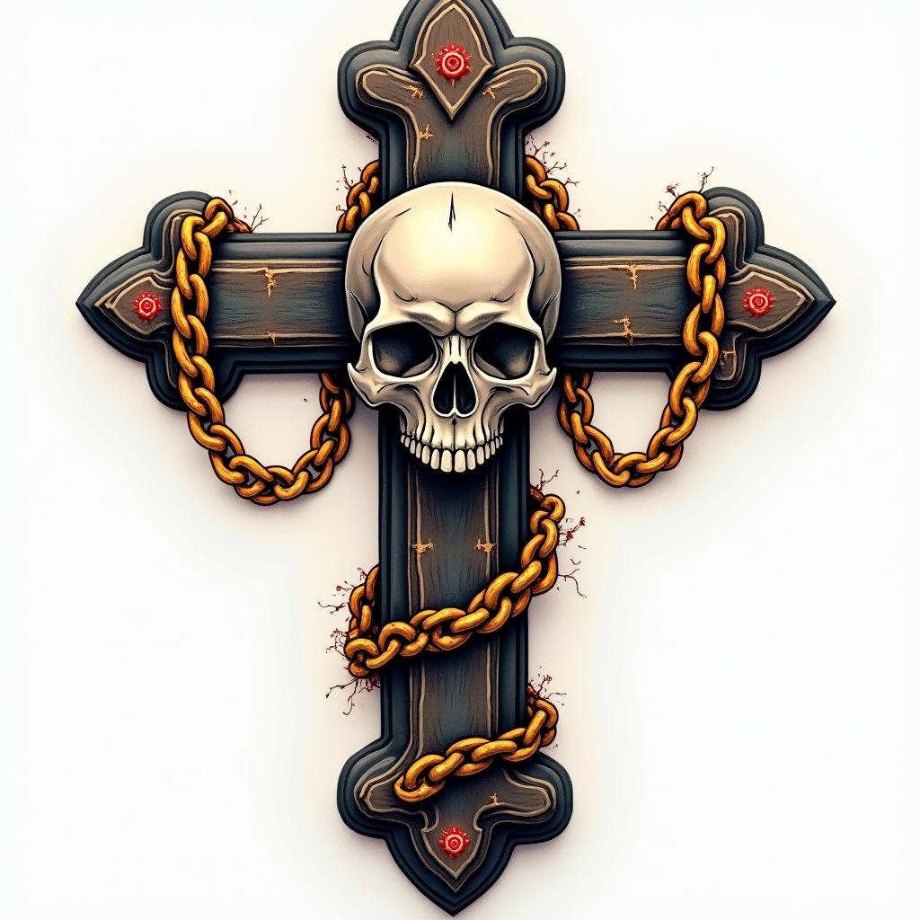 Cross decorated with bones skull in the middle with golden chains in horror tattoo style, showcasing haunting and unsettling, dark and gritty textures with skulls, eerie faces, jgged designs, bold and intense shading - Variation 4