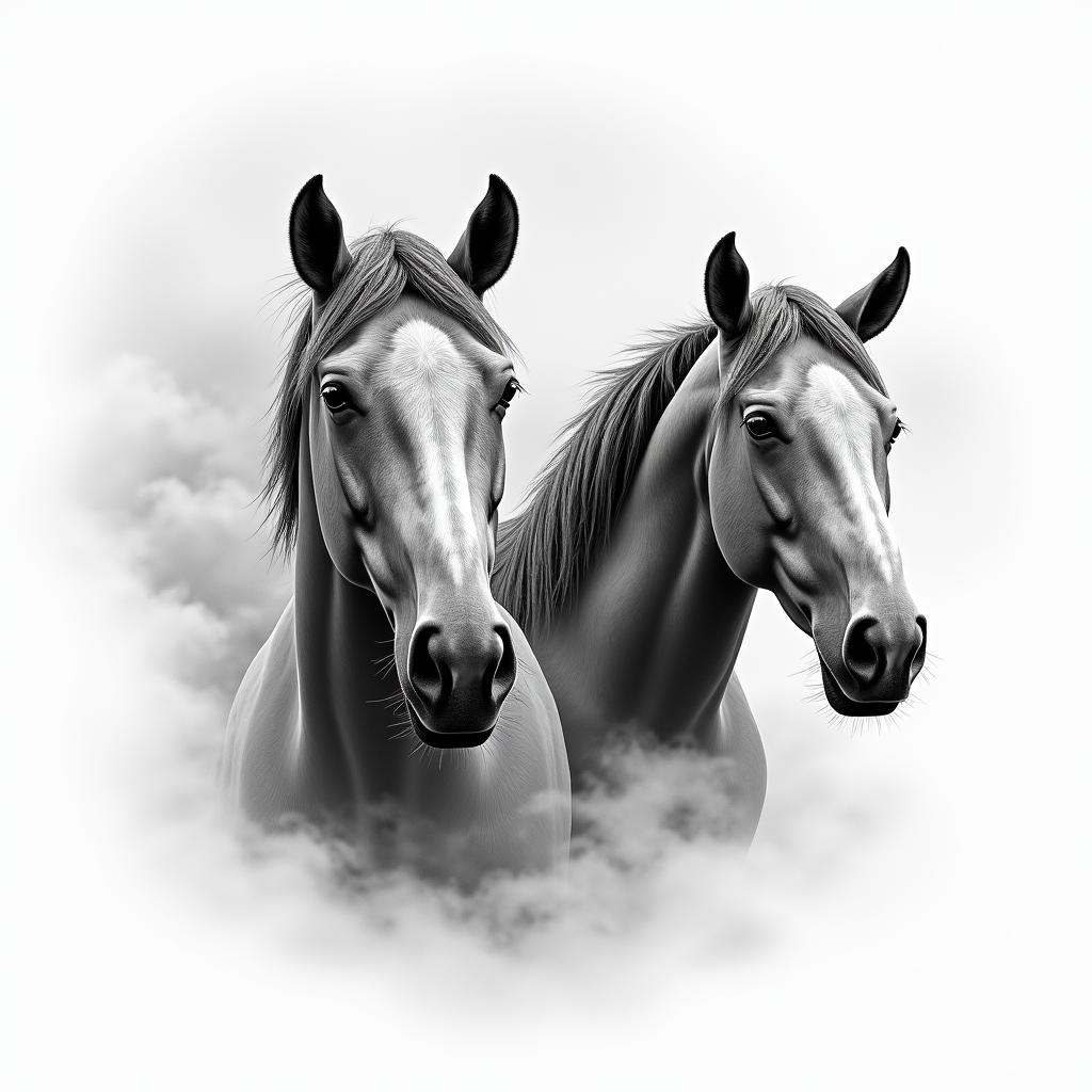 Horses, sky, cloudin portrait tattoo style, featuring a highly realistic and detailed depiction 