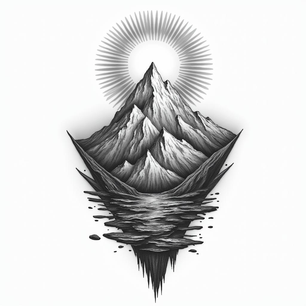 Mountain range with a rising sunhigly detailed tattoo - Variation 21