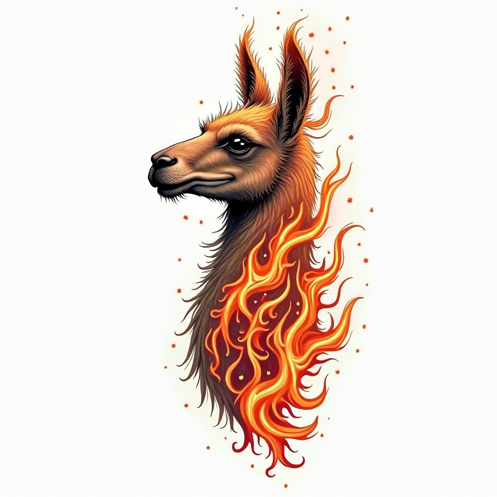 Tribal-shaped llamasin flame tattoo style showcasing fiery elements with dynamic flame patterns, glowing effect of flames, natural colors