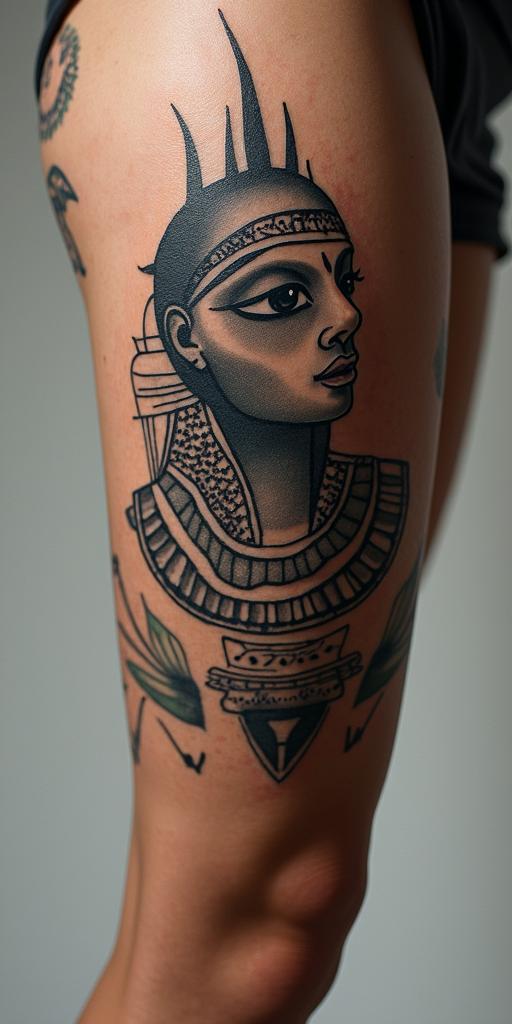 Phoenixin egyptian style tattoo, bold elements of ancient egyptian culture including a portrait of an Egyptian pharaoh with detailed facial features, in hieroglyphs and symbolic imagery, eye of horus, ankh symbol, scarab beetle