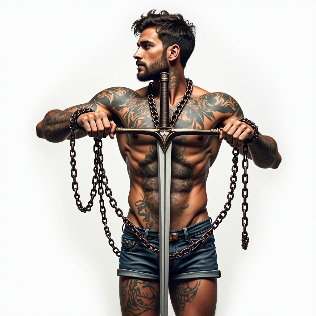 Cross adorned with chains and swordin realism tattoo style, featuring a highly detailed, lifelike, capturing every detail, photorealistic, ultra realistic, intricate shading, smooth and sharp, - Variation 3