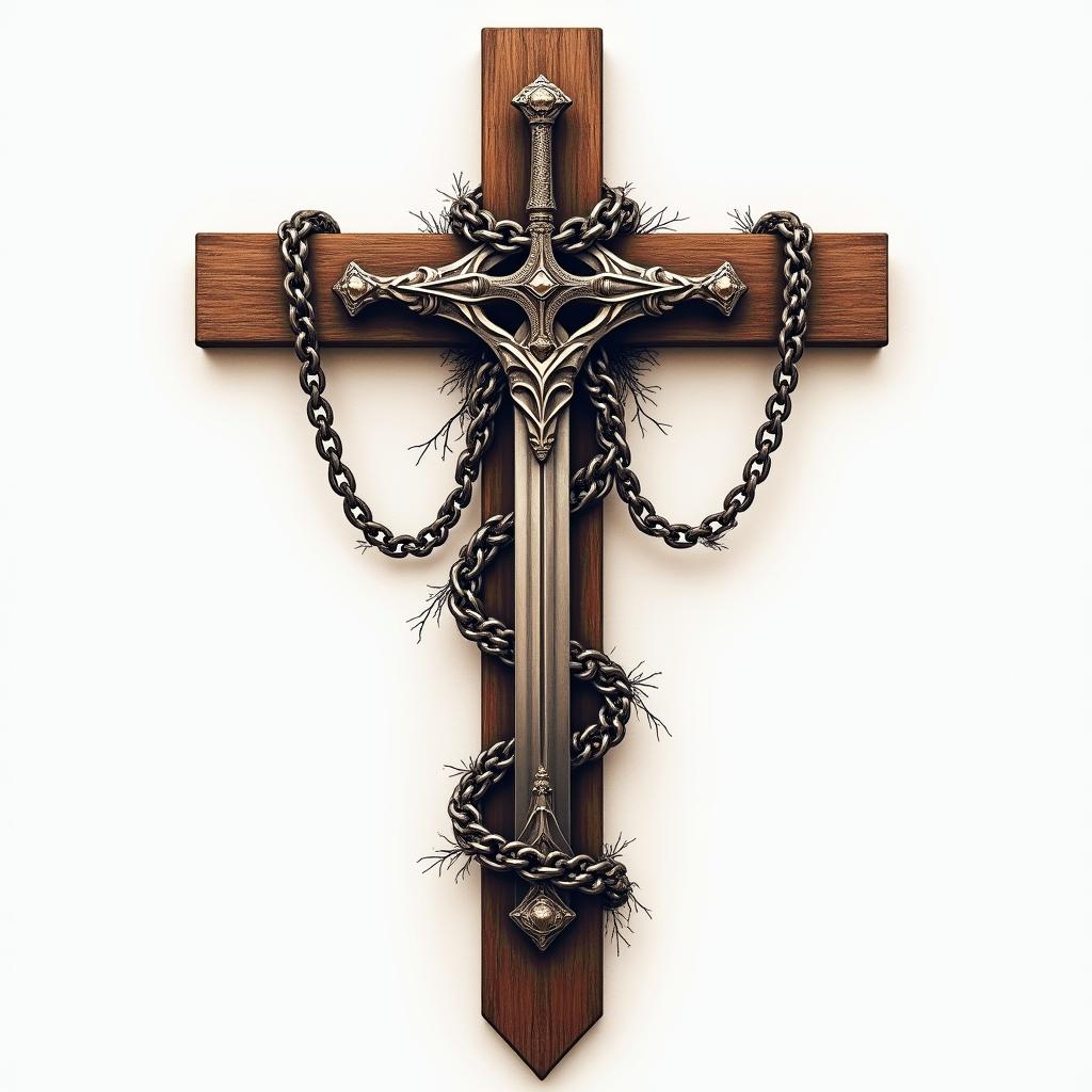 Cross adorned with chains and swordin realism tattoo style, featuring a highly detailed, lifelike, capturing every detail, photorealistic, ultra realistic, intricate shading, smooth and sharp, - Variation 2