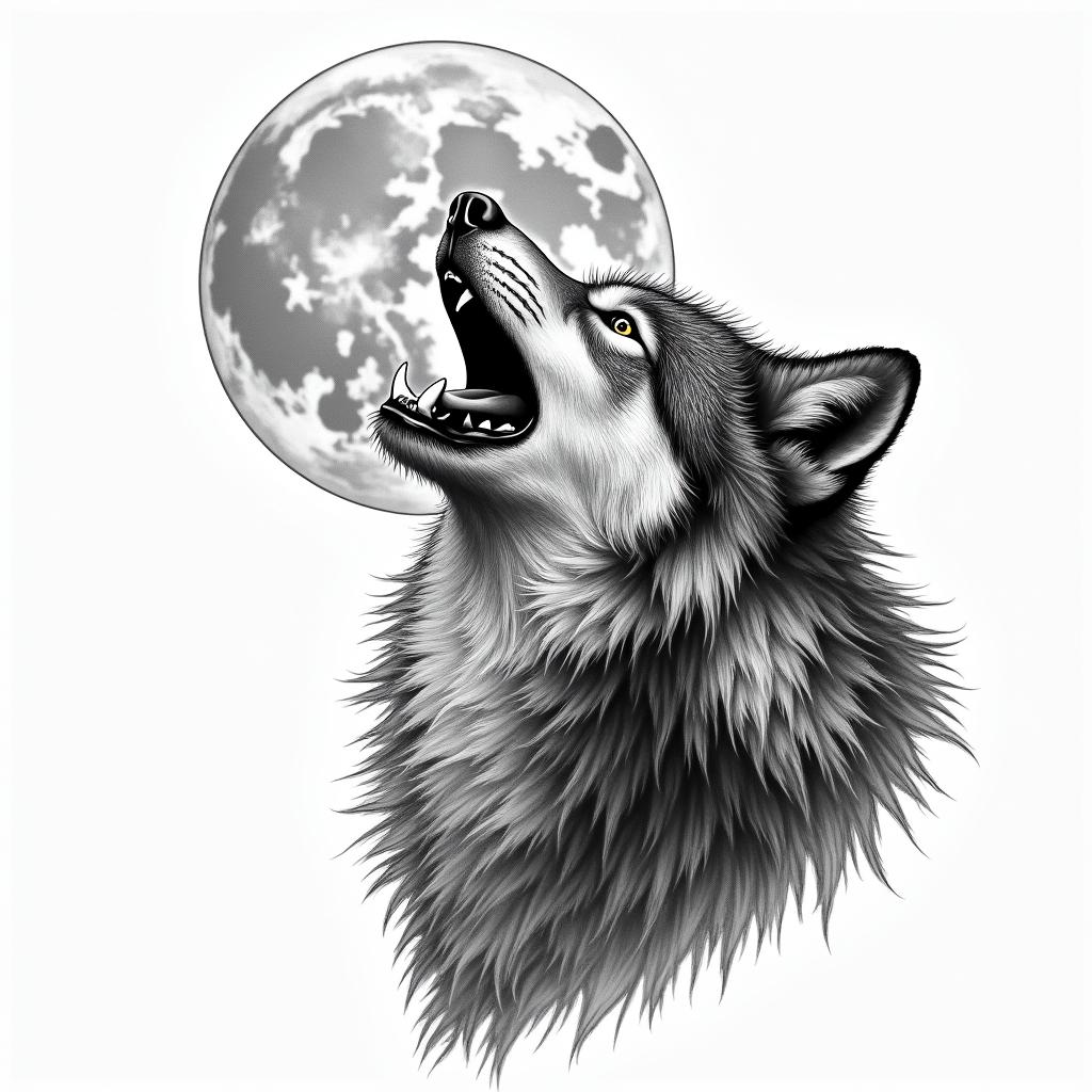 Howling wolf under a full moonhigly detailed tattoo - Variation 17