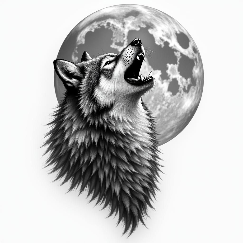Howling wolf under a full moonhigly detailed tattoo - Variation 15