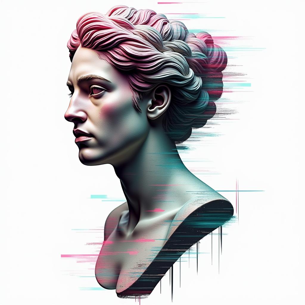 Qwashawn,Aries,
Brooklynin distorted and fragmented tattoo design, featuring a classical statue bust, in a glitch art style with vibrant, overlapping colors of cyan, magenta, and yellow, creating a digital distortion effect - Variation 7