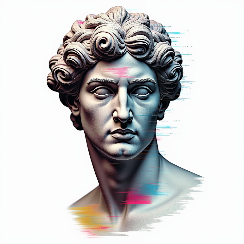 Qwashawn,Aries,
Brooklynin distorted and fragmented tattoo design, featuring a classical statue bust, in a glitch art style with vibrant, overlapping colors of cyan, magenta, and yellow, creating a digital distortion effect