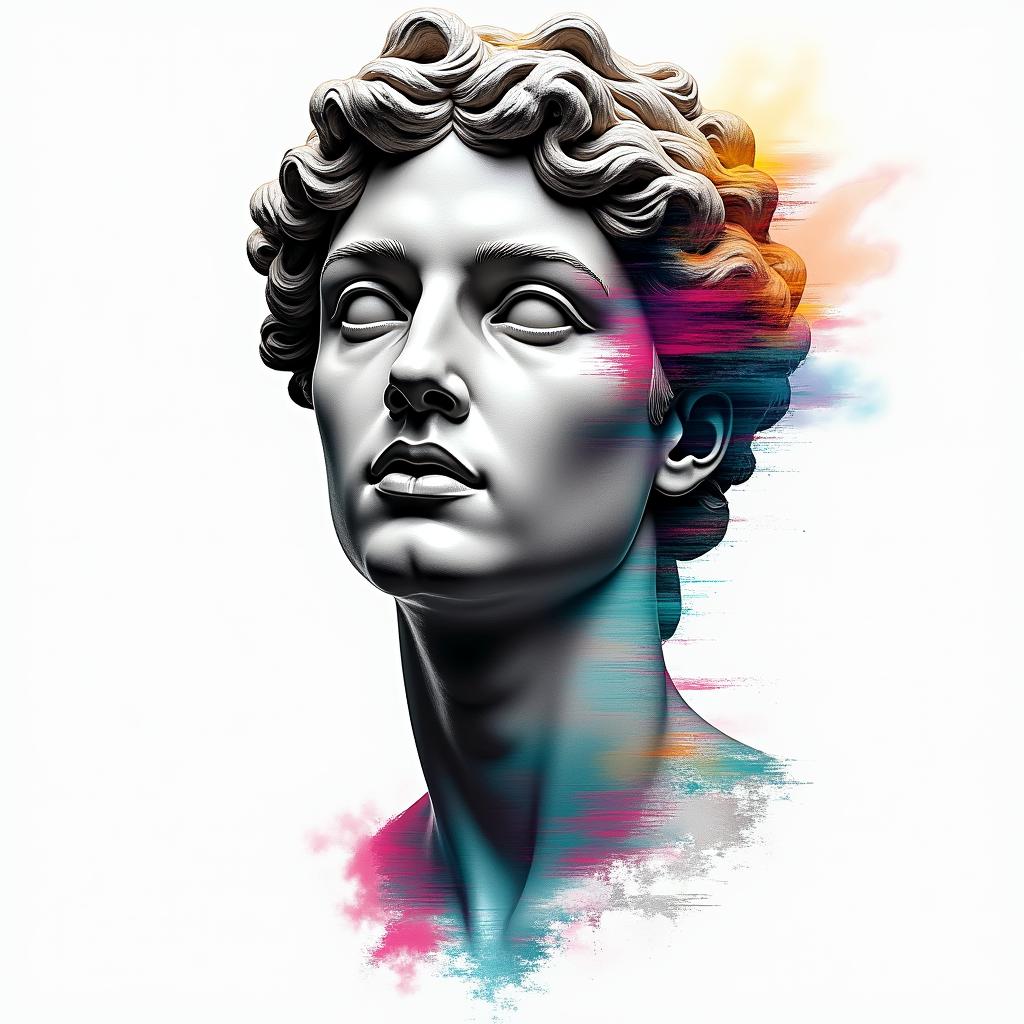 Qwashawn,Aries,
Brooklynin distorted and fragmented tattoo design, featuring a classical statue bust, in a glitch art style with vibrant, overlapping colors of cyan, magenta, and yellow, creating a digital distortion effect - Variation 8