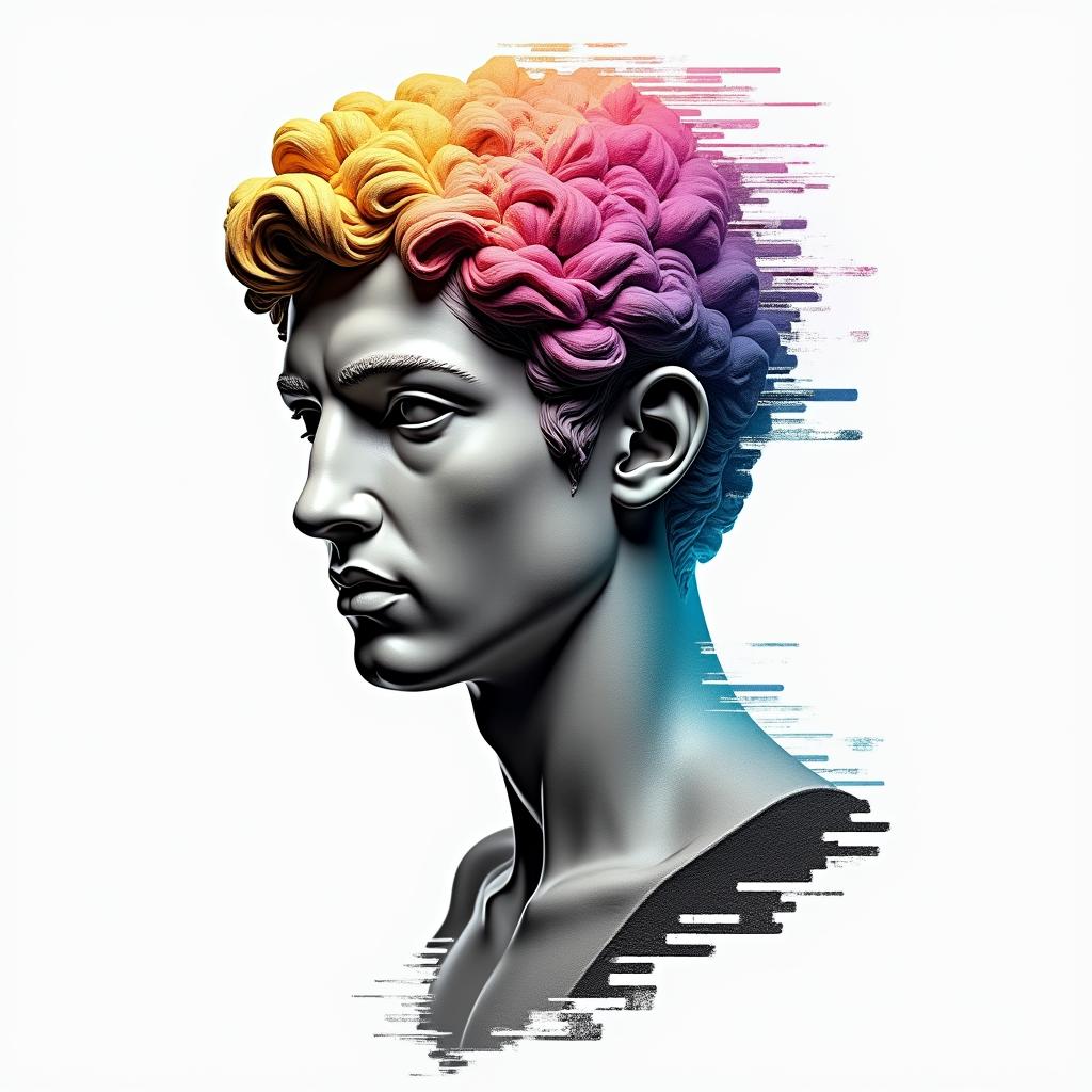 Qwashawn,Aries,
Brooklynin distorted and fragmented tattoo design, featuring a classical statue bust, in a glitch art style with vibrant, overlapping colors of cyan, magenta, and yellow, creating a digital distortion effect - Variation 4