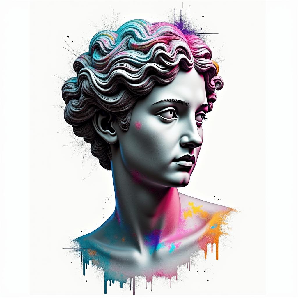 Qwashawn,Aries,
Brooklynin distorted and fragmented tattoo design, featuring a classical statue bust, in a glitch art style with vibrant, overlapping colors of cyan, magenta, and yellow, creating a digital distortion effect - Variation 6