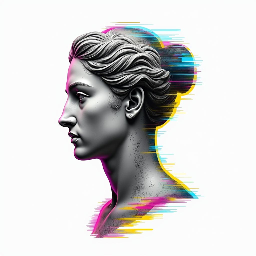 Qwashawn,Aries,
Brooklynin distorted and fragmented tattoo design, featuring a classical statue bust, in a glitch art style with vibrant, overlapping colors of cyan, magenta, and yellow, creating a digital distortion effect - Variation 3