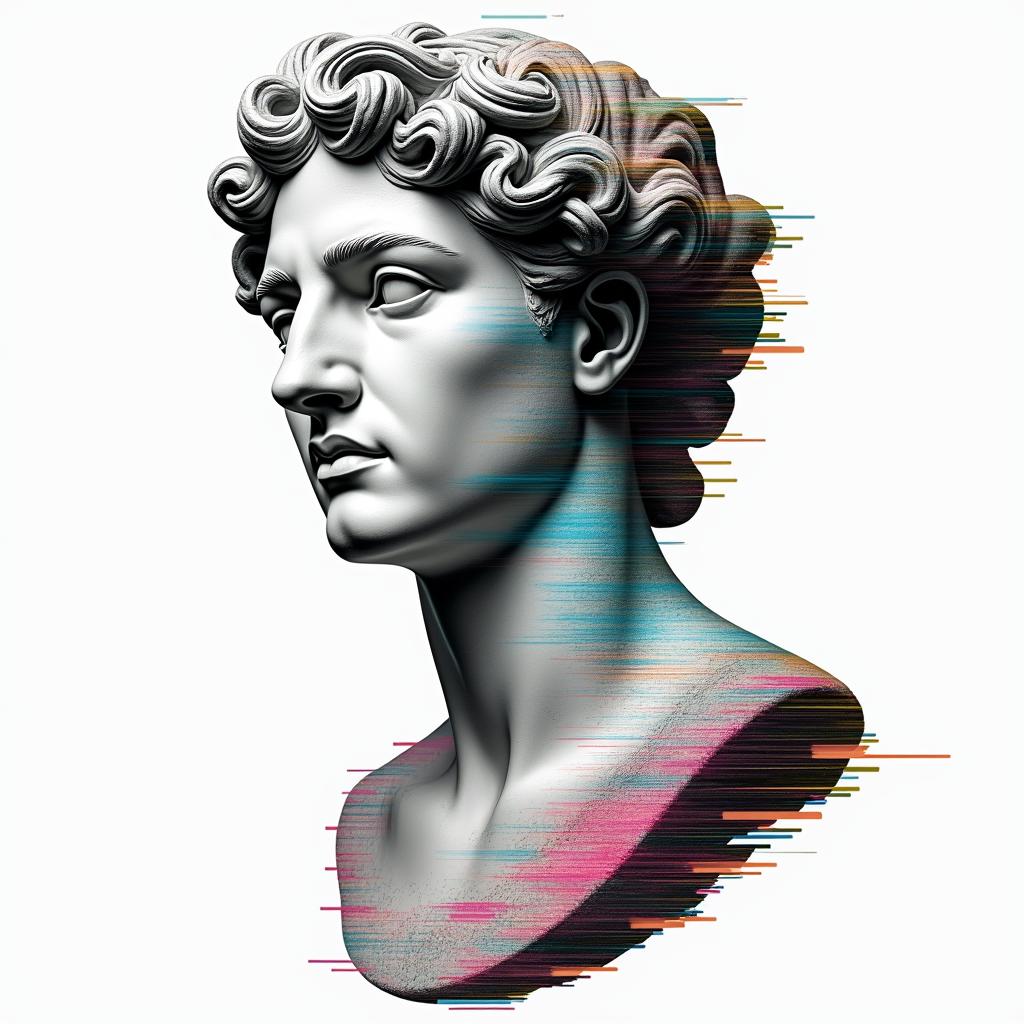 Qwashawn,Aries,
Brooklynin distorted and fragmented tattoo design, featuring a classical statue bust, in a glitch art style with vibrant, overlapping colors of cyan, magenta, and yellow, creating a digital distortion effect - Variation 5