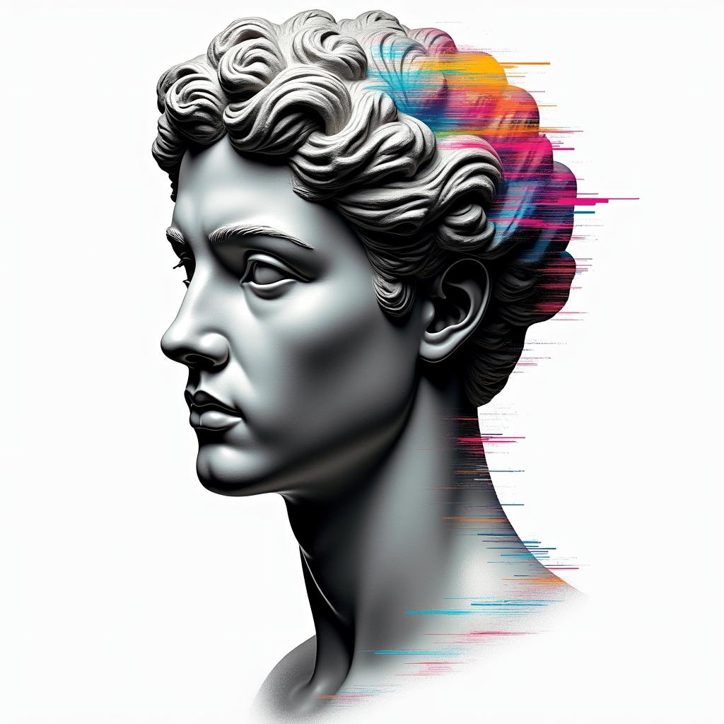 Qwashawn,Aries,
Brooklynin distorted and fragmented tattoo design, featuring a classical statue bust, in a glitch art style with vibrant, overlapping colors of cyan, magenta, and yellow, creating a digital distortion effect - Variation 2