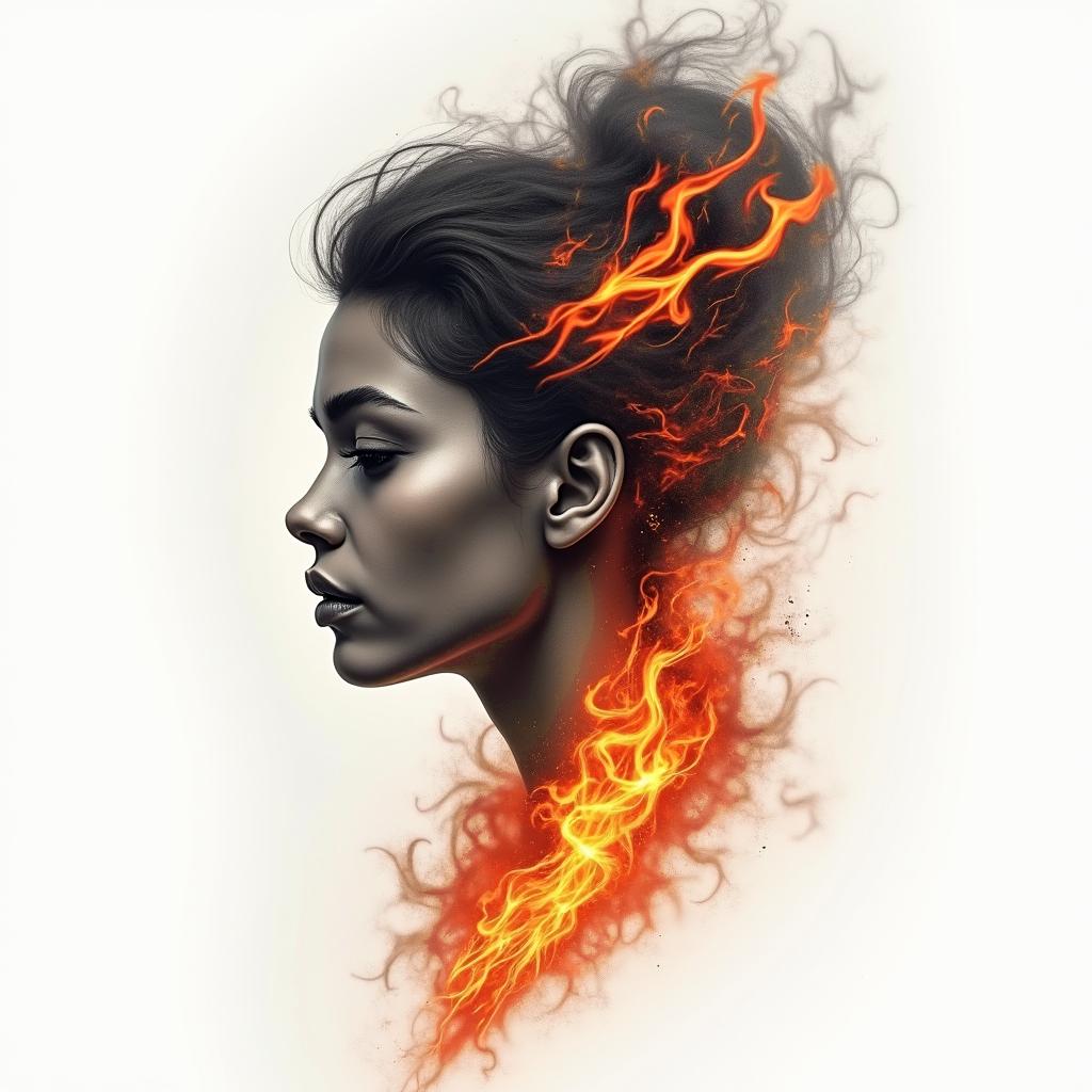 Jhenn, Leoin flame tattoo style showcasing fiery elements with dynamic flame patterns, glowing effect of flames, natural colors