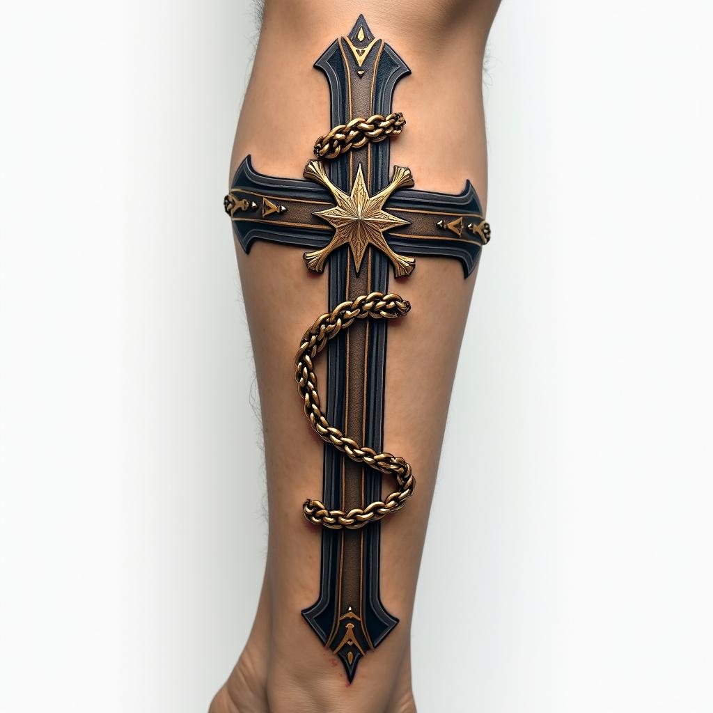 Cross decorated with gold chainin realism tattoo style, featuring a highly detailed, lifelike, capturing every detail, photorealistic, ultra realistic, intricate shading, smooth and sharp, - Variation 2