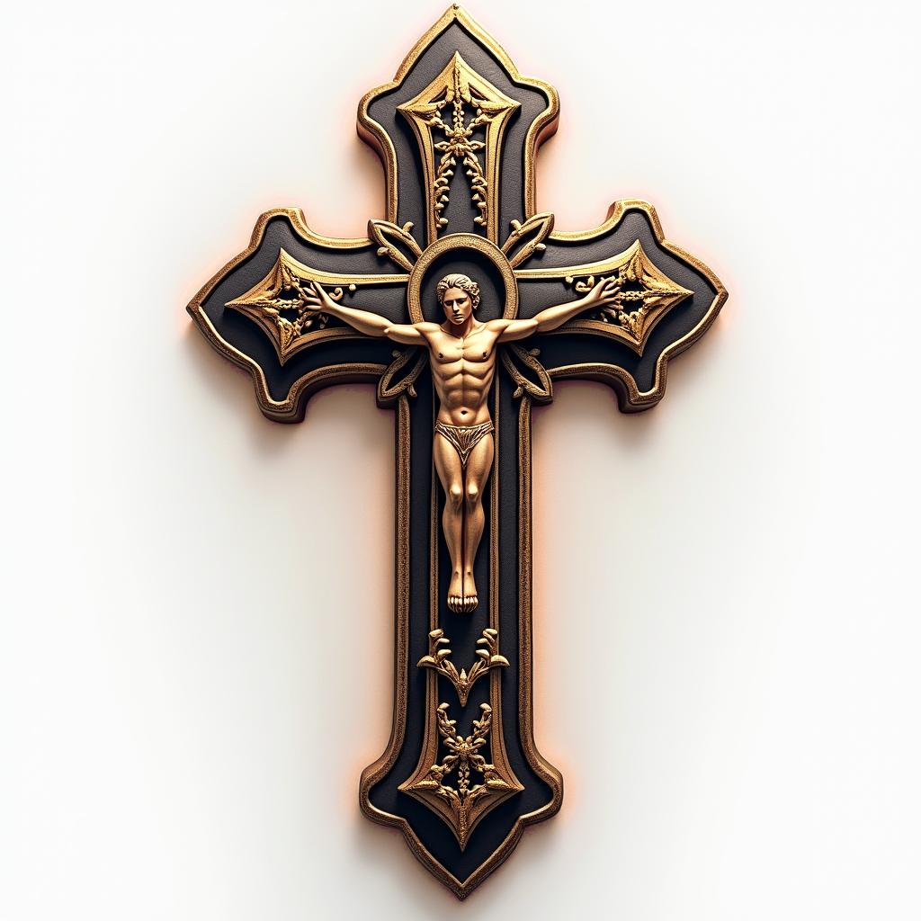 Cross decorated with gold chainin realism tattoo style, featuring a highly detailed, lifelike, capturing every detail, photorealistic, ultra realistic, intricate shading, smooth and sharp, - Variation 3