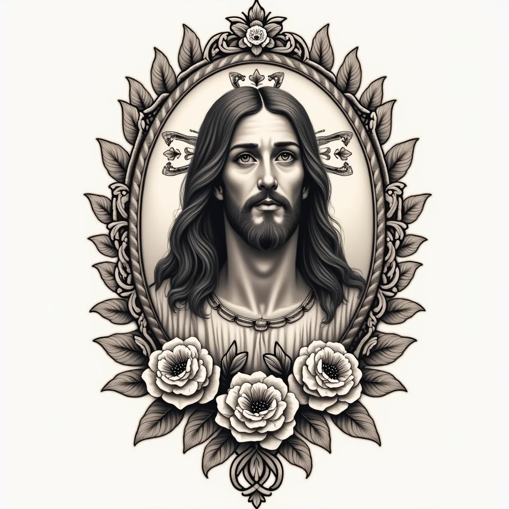 jesusin victorian style tattoo, featuring vintage and elegant elements, ornate frames, roses, antique, sepia-toned color scheme
