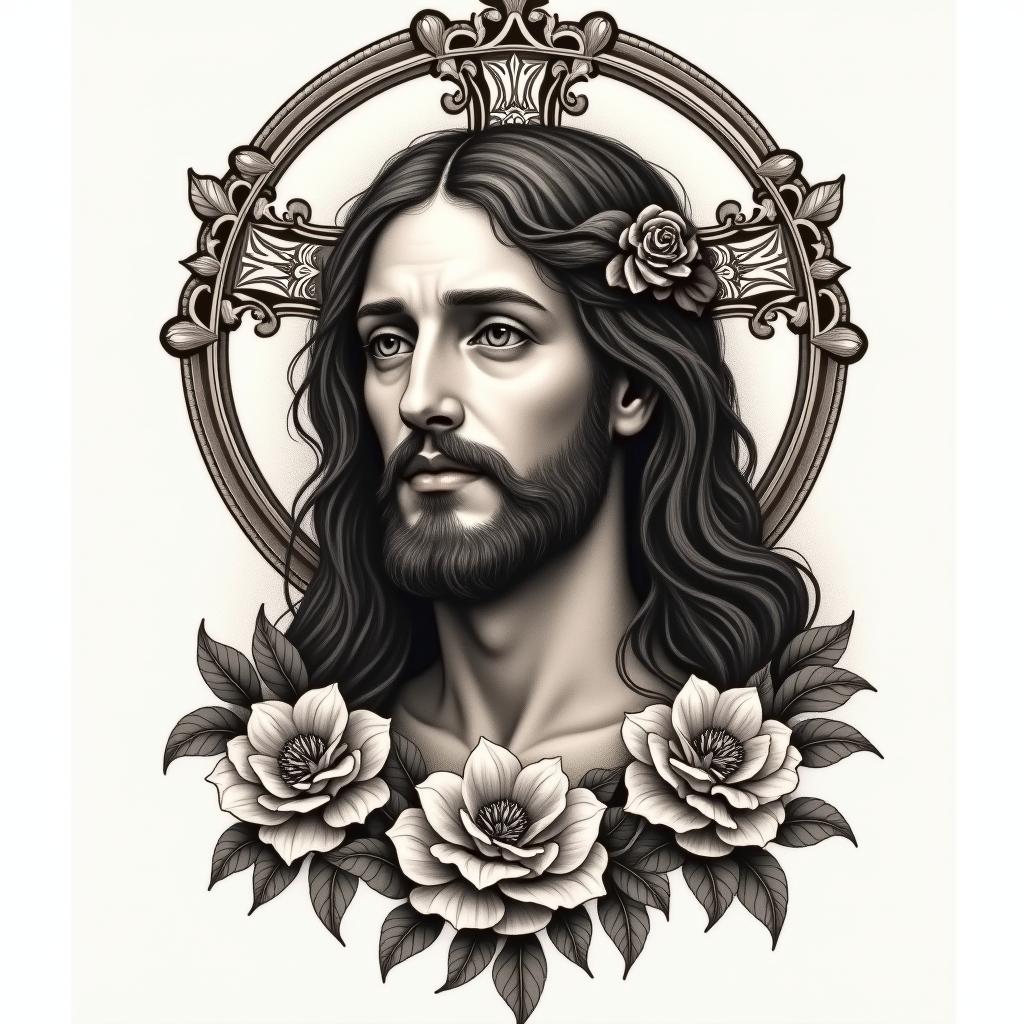 jesusin victorian style tattoo, featuring vintage and elegant elements, ornate frames, roses, antique, sepia-toned color scheme - Variation 2