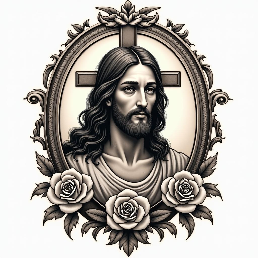 jesusin victorian style tattoo, featuring vintage and elegant elements, ornate frames, roses, antique, sepia-toned color scheme - Variation 4