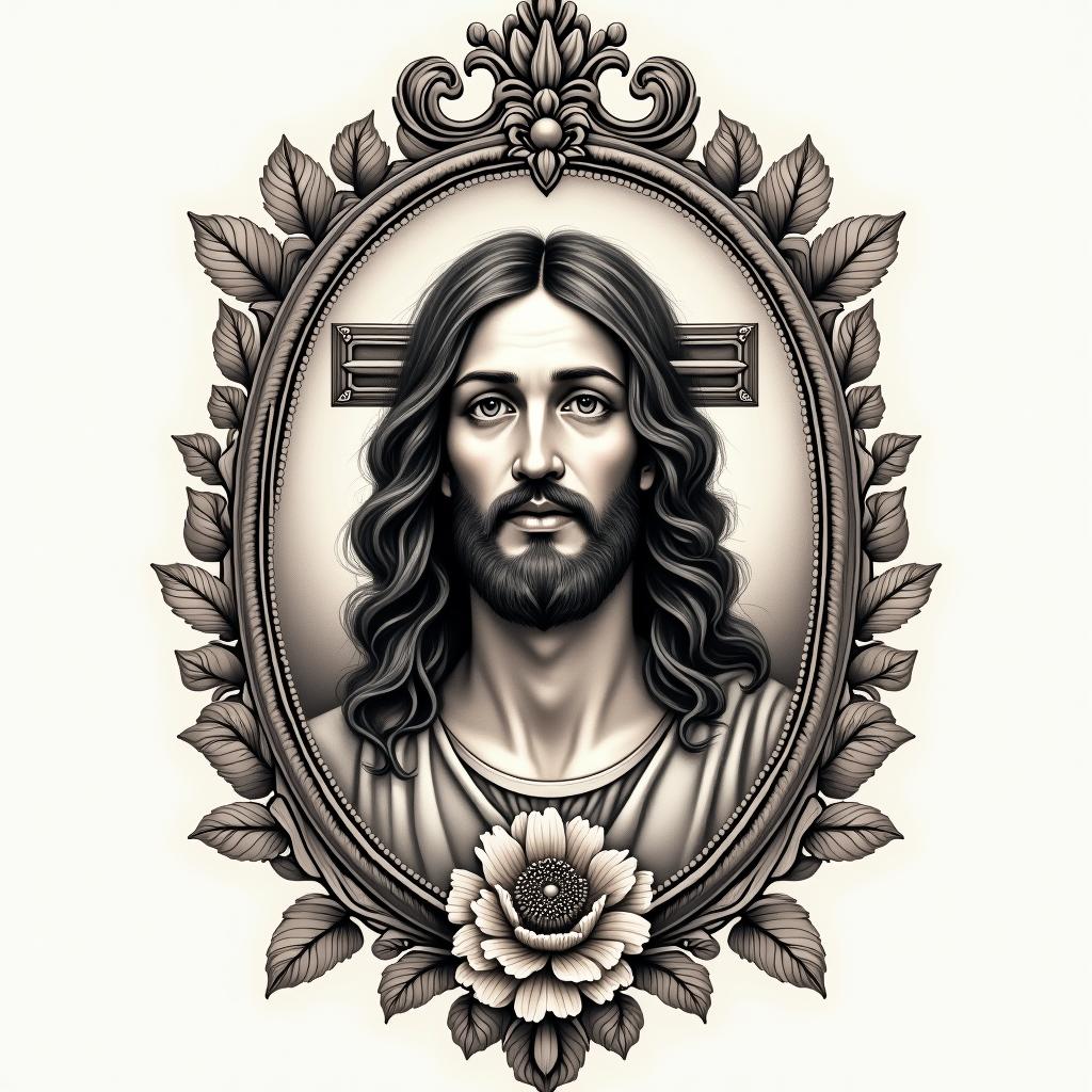 jesusin victorian style tattoo, featuring vintage and elegant elements, ornate frames, roses, antique, sepia-toned color scheme - Variation 3