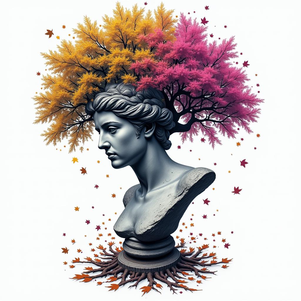 Family tree with names on the leaves and fallen leaves with names on themin distorted and fragmented tattoo design, featuring a classical statue bust, in a glitch art style with vibrant, overlapping colors of cyan, magenta, and yellow, creating a digital distortion effect - Variation 4