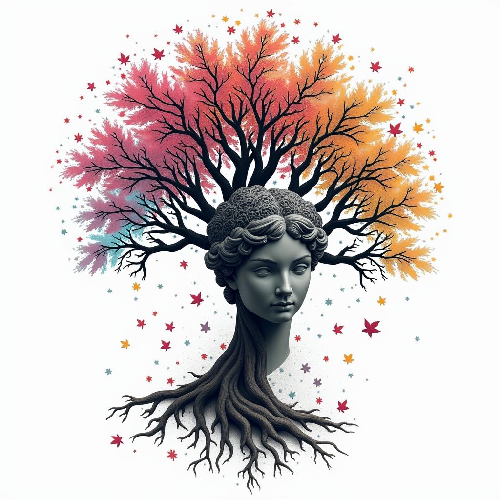 Family tree with names on the leaves and fallen leaves with names on themin distorted and fragmented tattoo design, featuring a classical statue bust, in a glitch art style with vibrant, overlapping colors of cyan, magenta, and yellow, creating a digital distortion effect