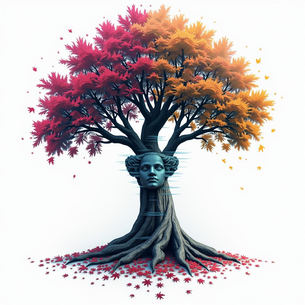 Family tree with names on the leaves and fallen leaves with names on themin distorted and fragmented tattoo design, featuring a classical statue bust, in a glitch art style with vibrant, overlapping colors of cyan, magenta, and yellow, creating a digital distortion effect - Variation 2