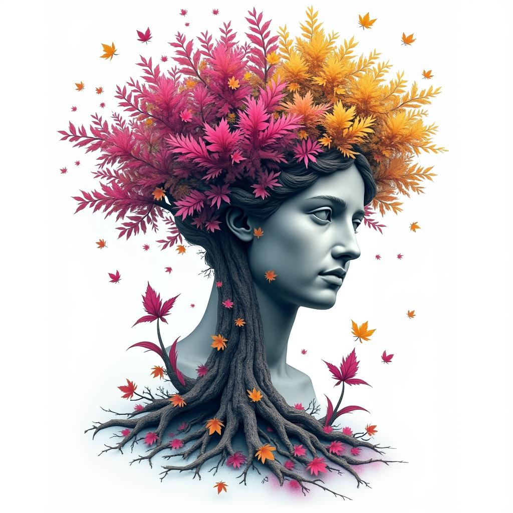 Family tree with names on the leaves and fallen leaves with names on themin distorted and fragmented tattoo design, featuring a classical statue bust, in a glitch art style with vibrant, overlapping colors of cyan, magenta, and yellow, creating a digital distortion effect - Variation 3