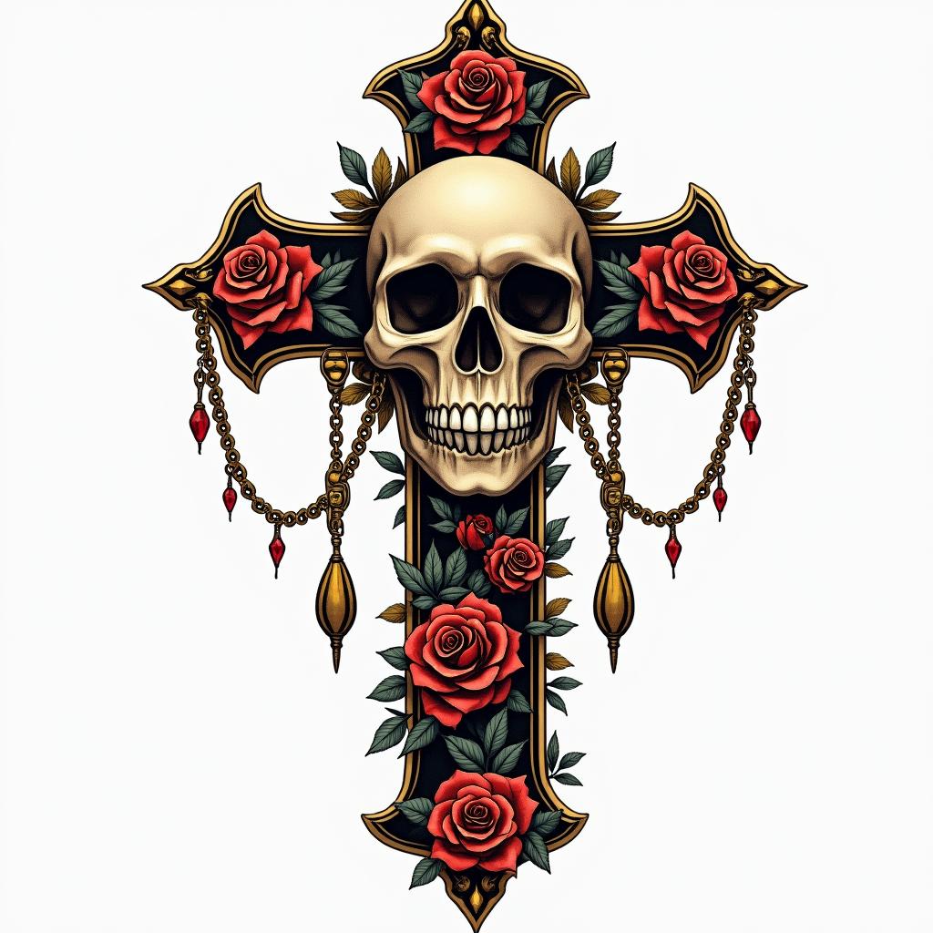 Cross decorated skull goldin chicano style tattoo, featuring intricate black and grey shading, bold elements of traditional chicano culture symbols, add a big cross with skull, chains and roses