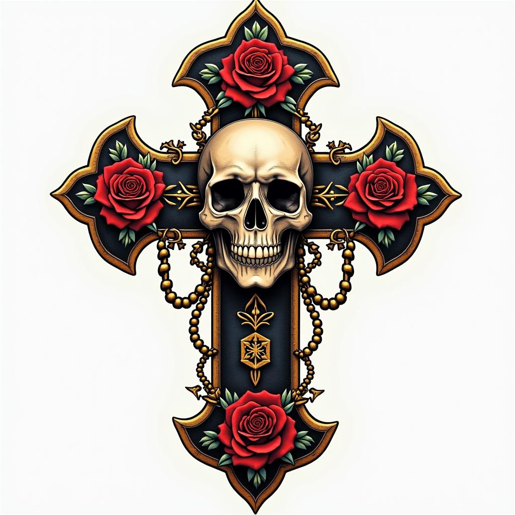 Cross decorated skull goldin chicano style tattoo, featuring intricate black and grey shading, bold elements of traditional chicano culture symbols, add a big cross with skull, chains and roses - Variation 2