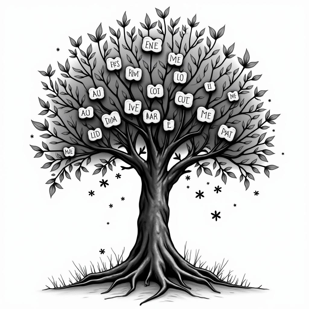 Family tree with names on the leaves and fallen leaves with names on themin graffiti style tattoo, featuring bold and dynamic street art elements, spray-paint texture with exaggerated lines and expressive, chaotic brushstrokes, intricate lettering incorporated with graffiti tags, symbols like hearts, stars, and wings - Variation 4