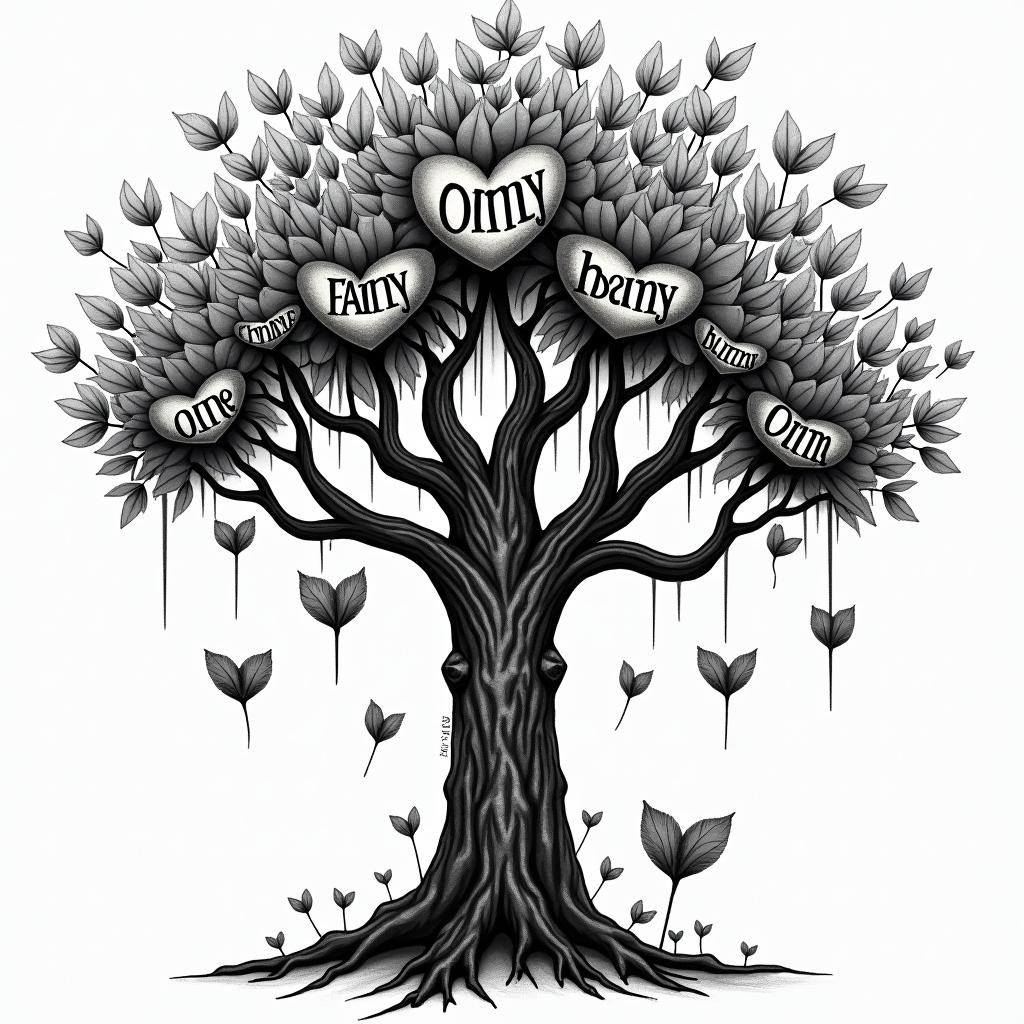 Family tree with names on the leaves and fallen leaves with names on themin graffiti style tattoo, featuring bold and dynamic street art elements, spray-paint texture with exaggerated lines and expressive, chaotic brushstrokes, intricate lettering incorporated with graffiti tags, symbols like hearts, stars, and wings - Variation 3