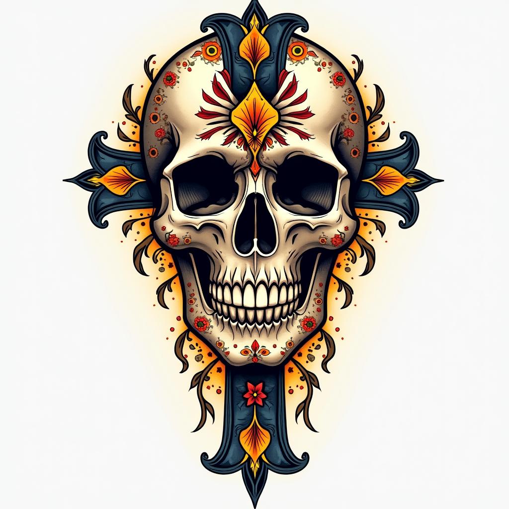 Cross decorated skull goldin authentic tattoo style, incorporating traditional modifications, bold black outlines, solid color fills, featuring classic authentic elements