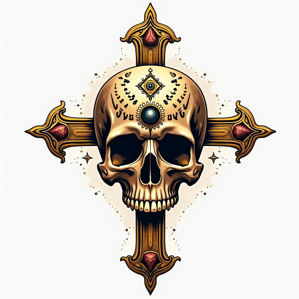 Cross decorated skull goldin spiritual symbols tattoo style, featuring an intricate design incorporating elements, Hamsa hand, third eye, minimalist composition