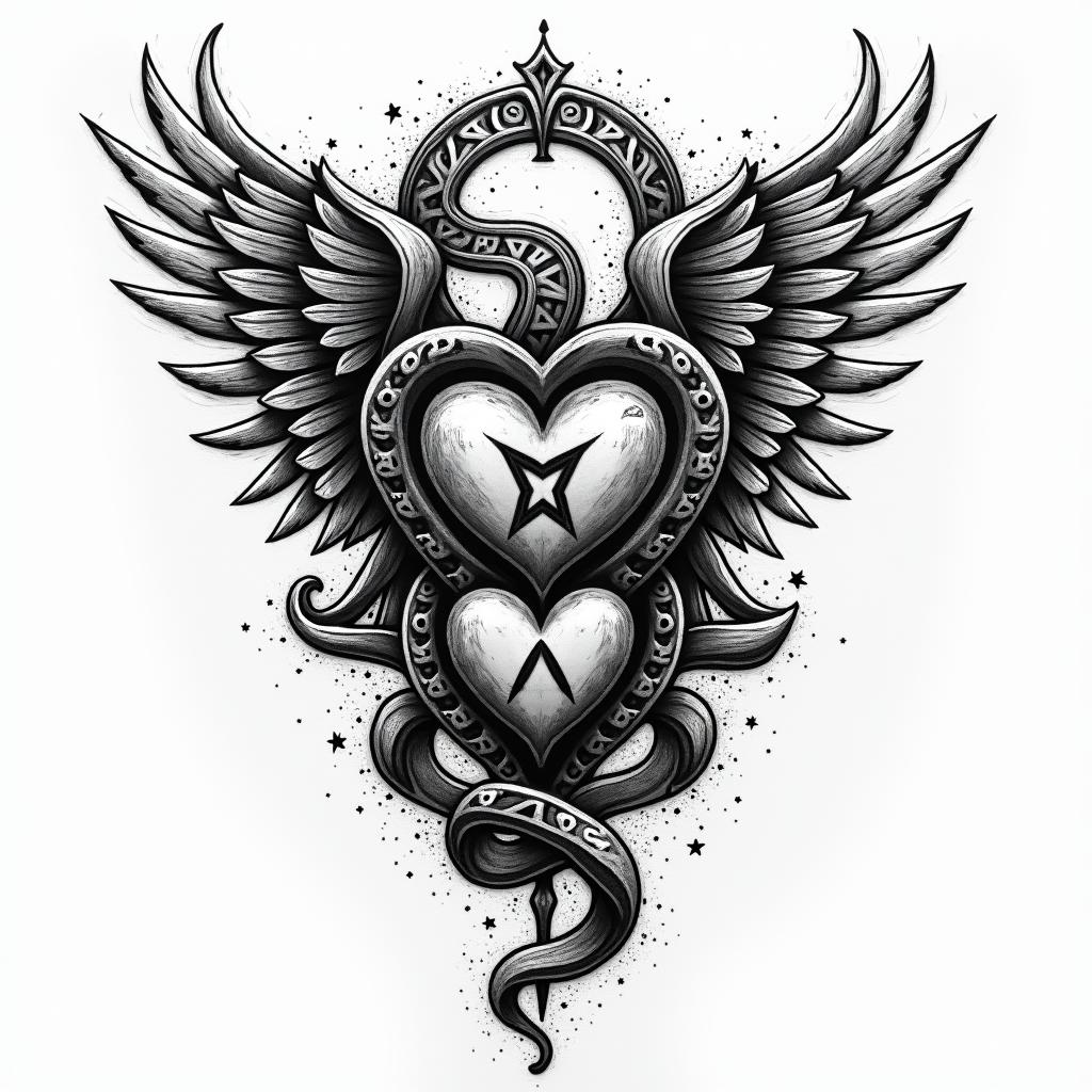 Celtic design, incorporating travel and naturein graffiti style tattoo, featuring bold and dynamic street art elements, spray-paint texture with exaggerated lines and expressive, chaotic brushstrokes, intricate lettering incorporated with graffiti tags, symbols like hearts, stars, and wings - Variation 2