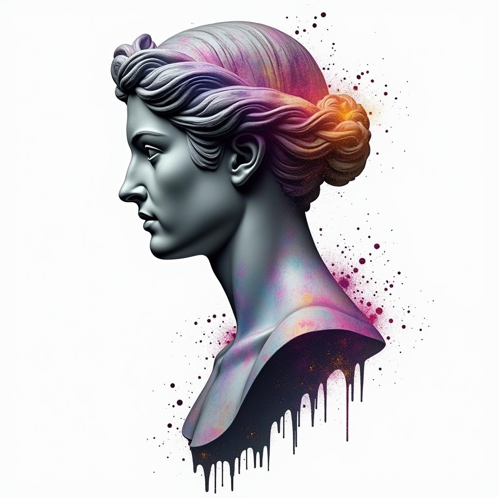 Galaxyin distorted and fragmented tattoo design, featuring a classical statue bust, in a glitch art style with vibrant, overlapping colors of cyan, magenta, and yellow, creating a digital distortion effect - Variation 8