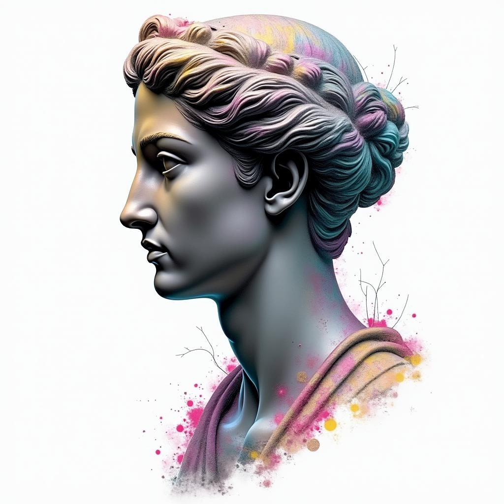 Galaxyin distorted and fragmented tattoo design, featuring a classical statue bust, in a glitch art style with vibrant, overlapping colors of cyan, magenta, and yellow, creating a digital distortion effect - Variation 7
