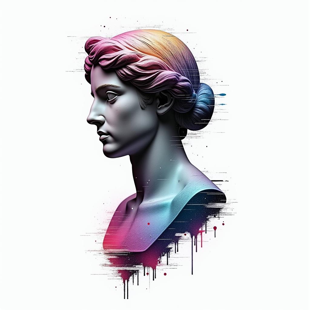Galaxyin distorted and fragmented tattoo design, featuring a classical statue bust, in a glitch art style with vibrant, overlapping colors of cyan, magenta, and yellow, creating a digital distortion effect - Variation 5