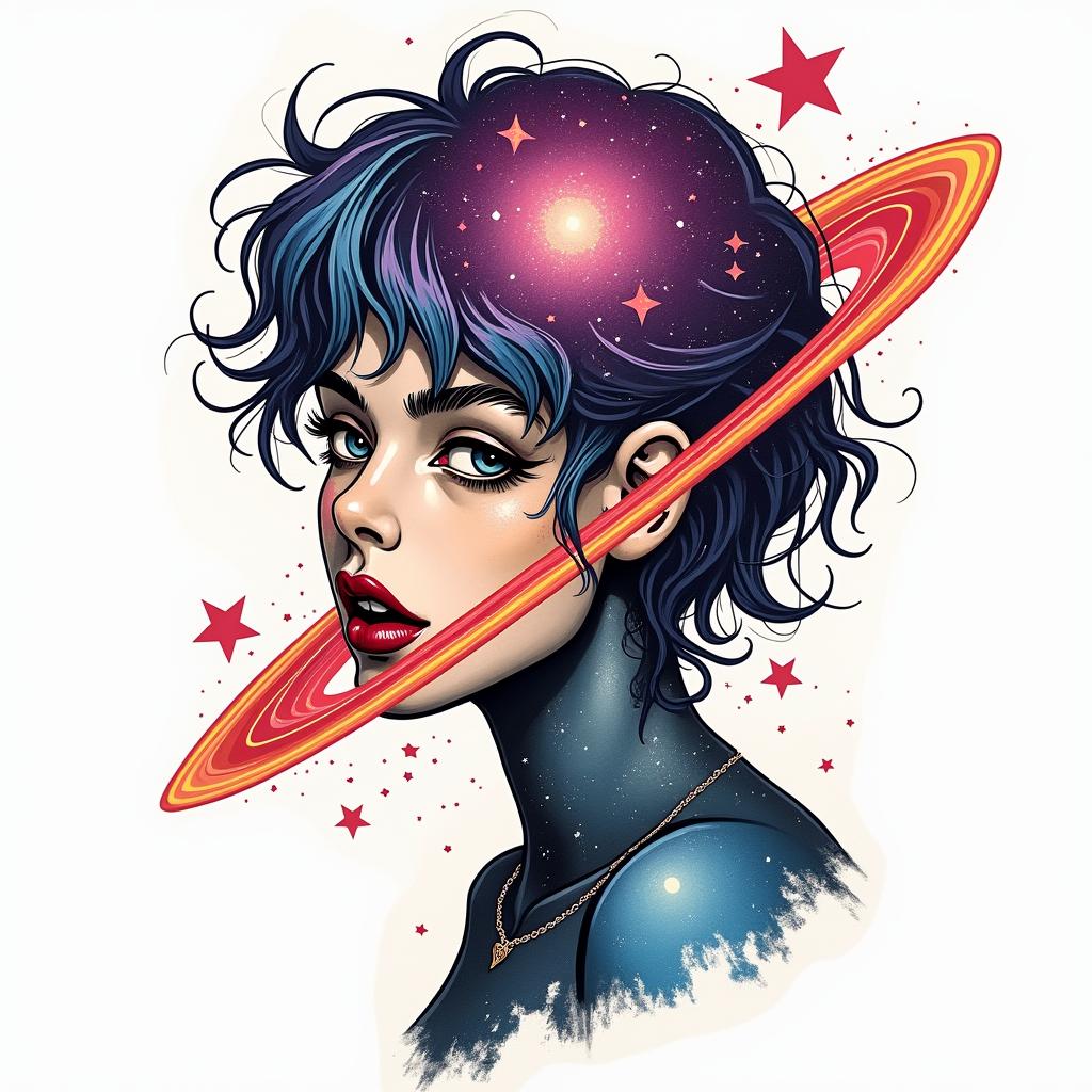 Galaxyin pop art style tattoo, featuring bold and vibrant colors, exaggerated outlines, iconic imagery, inspired by comic books and speech bubbles, comic book characters, retro pop culture - Variation 4