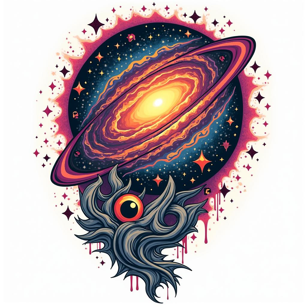 Galaxyin pop art style tattoo, featuring bold and vibrant colors, exaggerated outlines, iconic imagery, inspired by comic books and speech bubbles, comic book characters, retro pop culture - Variation 3