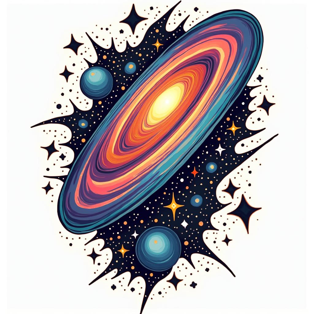 Galaxyin pop art style tattoo, featuring bold and vibrant colors, exaggerated outlines, iconic imagery, inspired by comic books and speech bubbles, comic book characters, retro pop culture - Variation 2