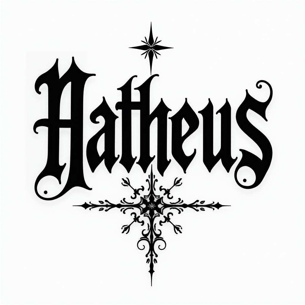 Matheus, Sagittarius, 2002text-based tattoo, gothic font ultra-realistic, perfectly placed, high-quality font design, photo-realistic shading, 8k, high quality, finely detailed typography