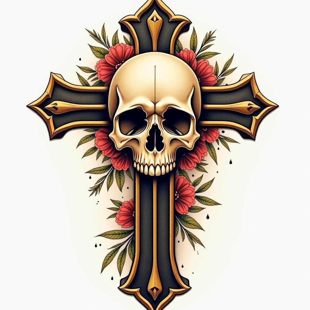 Cross decorated skull goldin new school tattoo, pop culture, modern, detailed tattoo, illustrative - Variation 3
