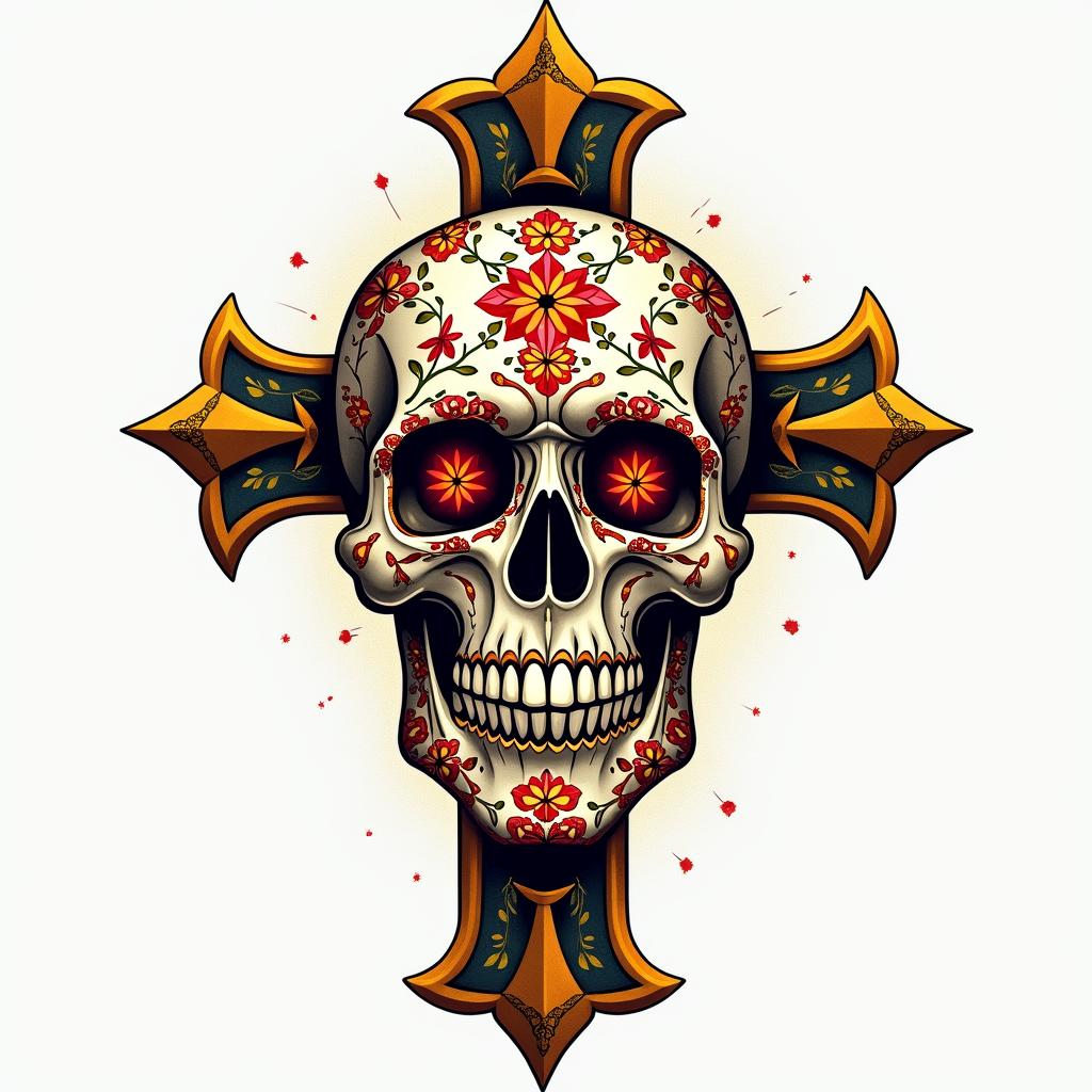 Cross decorated skull goldin new school tattoo, pop culture, modern, detailed tattoo, illustrative - Variation 4